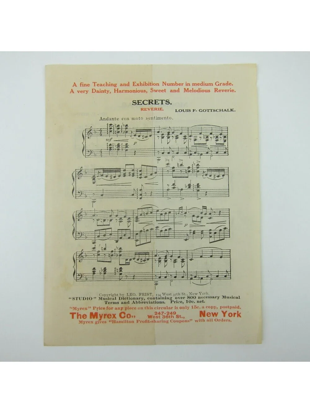 Sheet Music Sampler The Myrex Co Secrets, Morning Star, Song of Sea Antique 1911